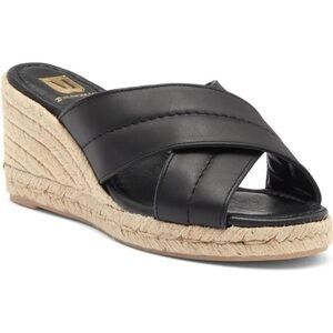 New Bruno Magli Elena Espadrille Wedge Leather Sandal Black Sz 6